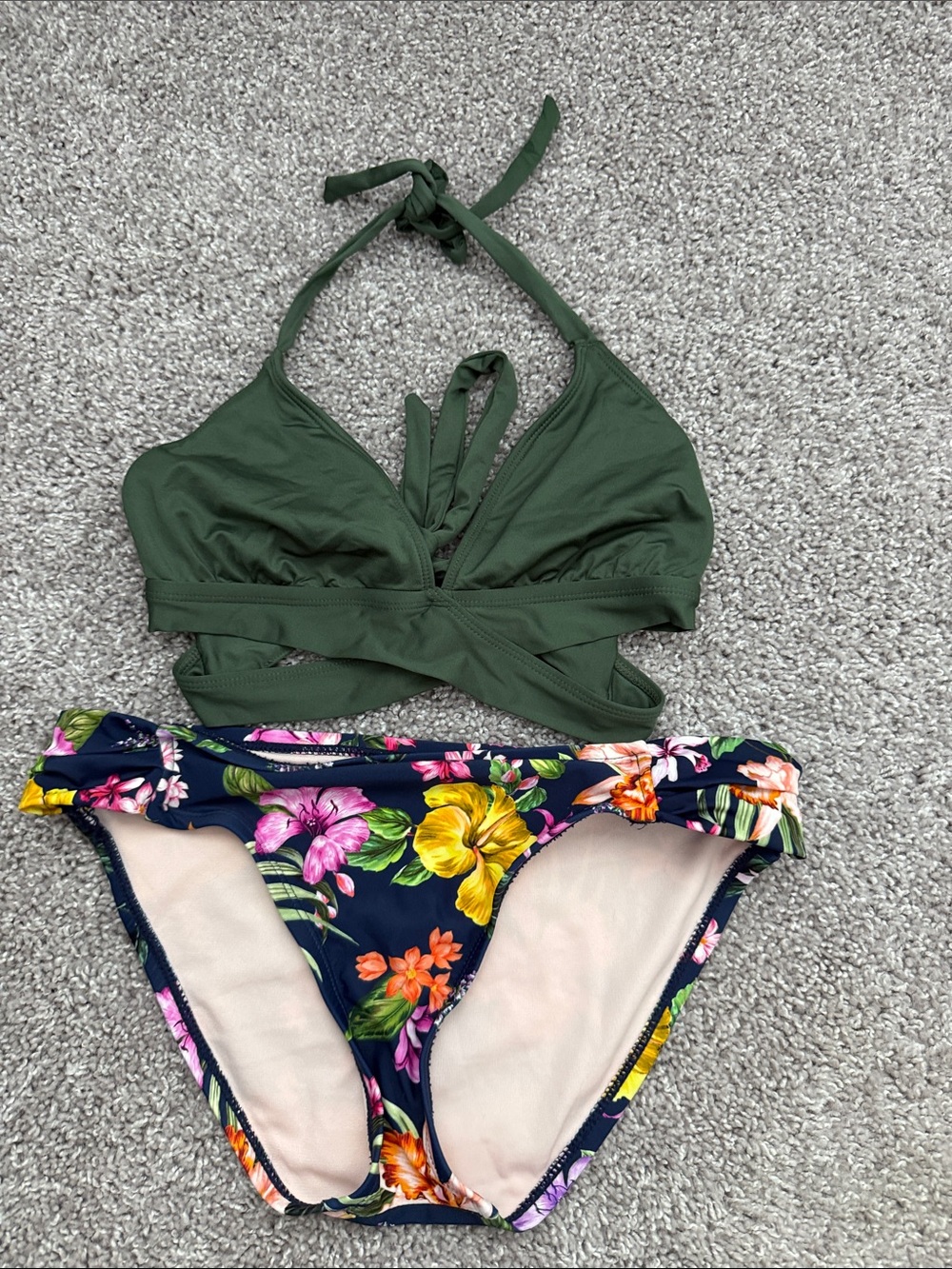 Kona Sol Olive Green Halter Bikini Top with Navy Floral Bikini Bottom